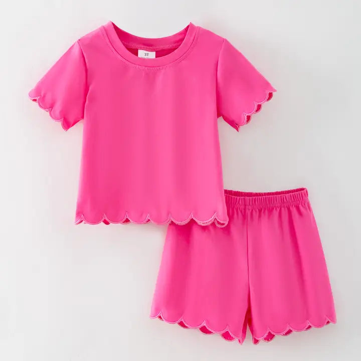 Summer Solid Hot Pink Cotton Scallop Trim Short Set (ETA JULY)