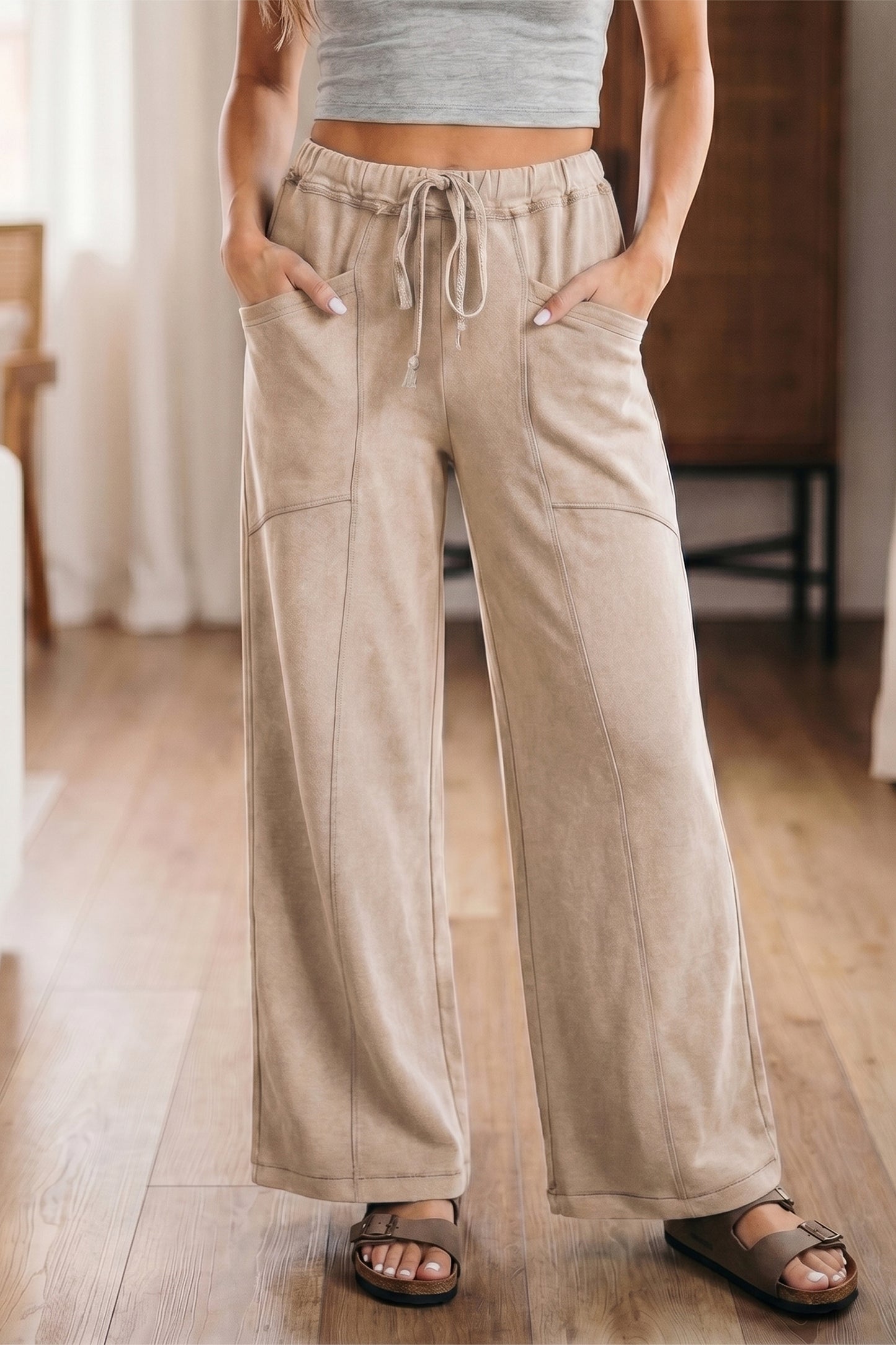 Mineral Wash Drawstring High Waist Wide Leg Pants