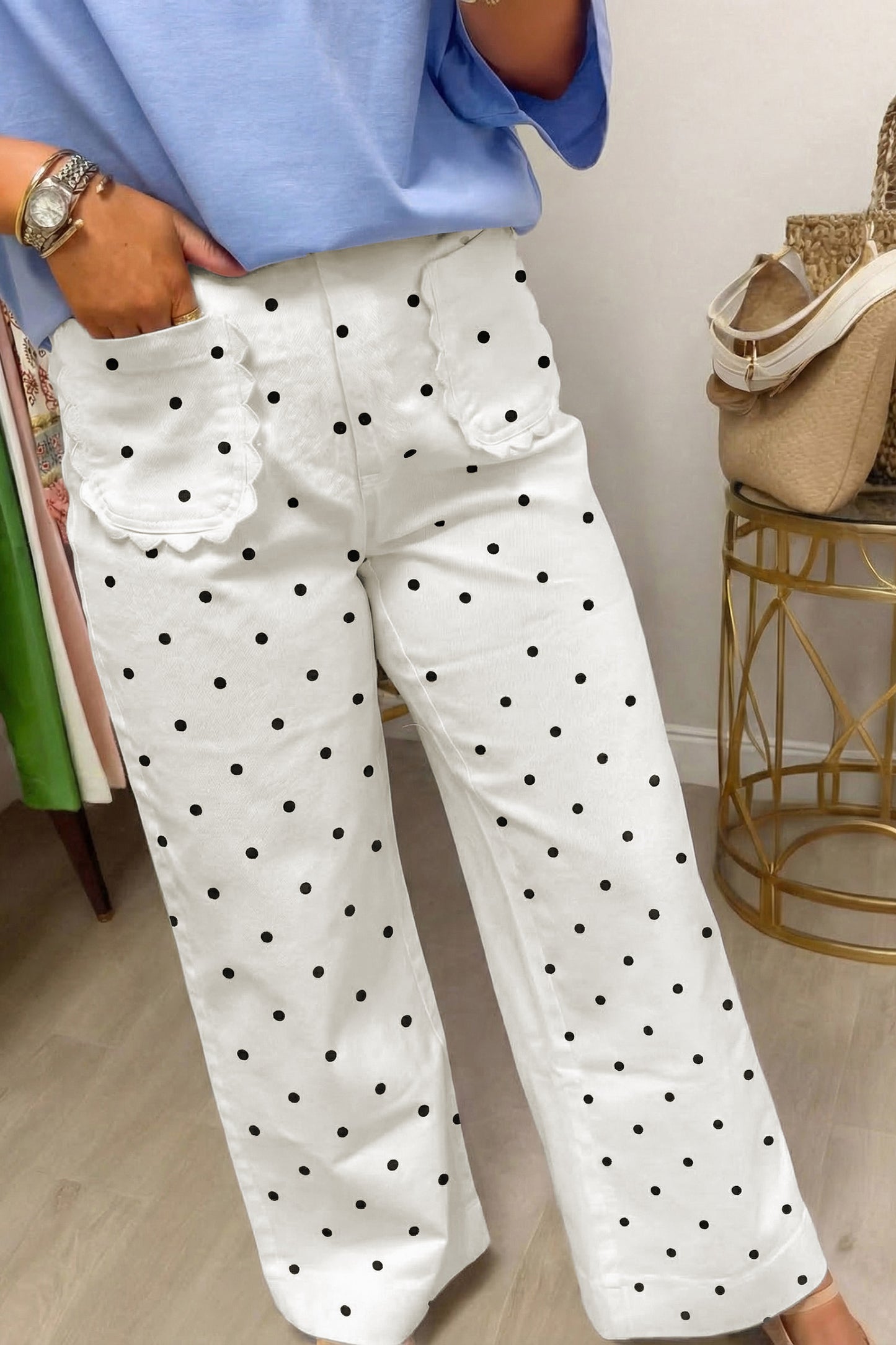 Scalloped Patch Pocket Cotton Shift Pants