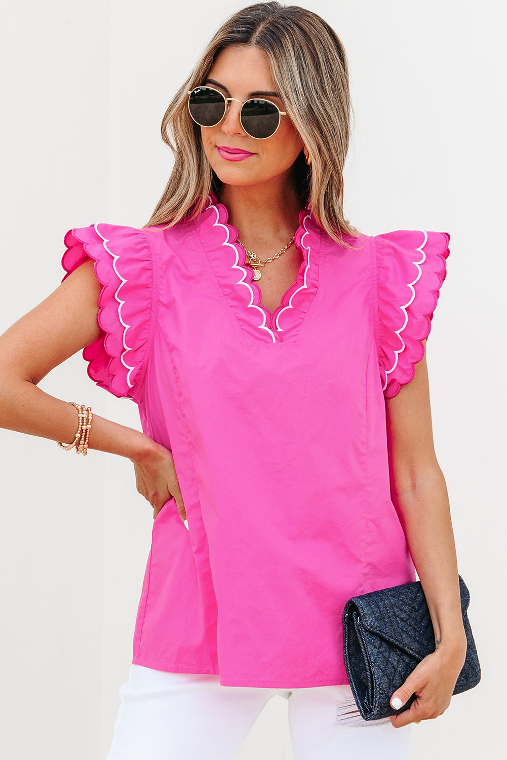 Scallop Trim Layered Short Sleeve V Neck Blouse