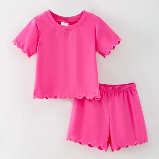 Summer Solid Hot Pink Cotton Scallop Trim Short Set (ETA JULY)