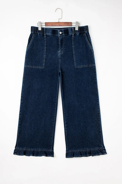 Plus Size Denim Elastic Waist Ruffle Wide Leg Pants
