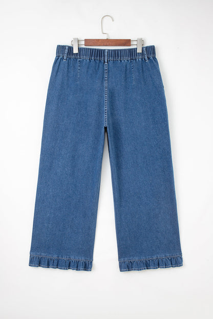 Plus Size Denim Elastic Waist Ruffle Wide Leg Pants