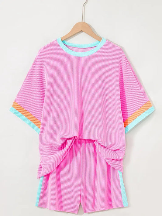 Plus Size Colorblock Corded Knit Tee and Shorts Set
