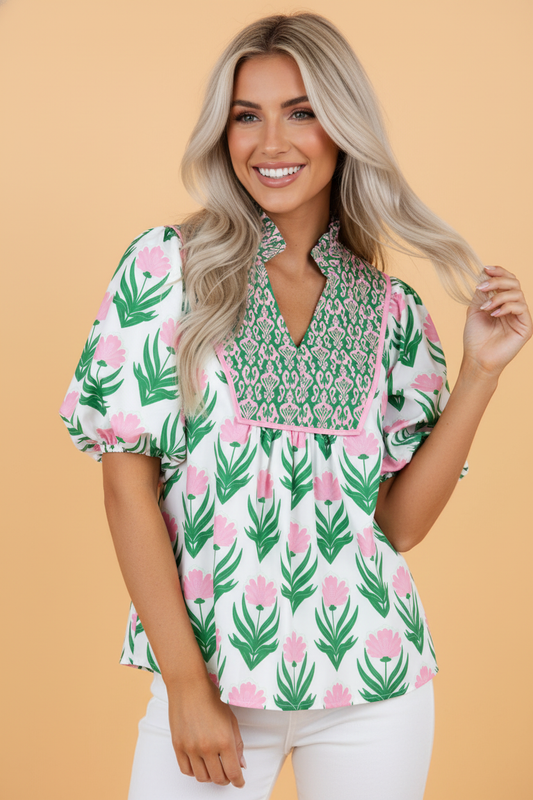 Floral Puff Sleeve Contrast V-Neck Blouse