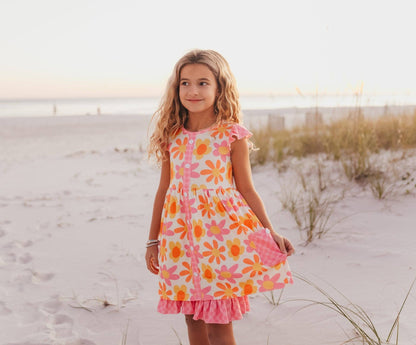 Girls Pink & Tangerine Retro Flower Check Pocket Dress