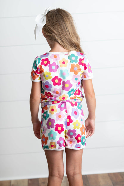 Girls Bright Pink Teal Flower Spring Summer Short Set